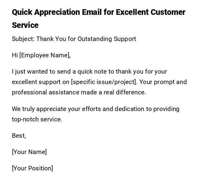 Quick Appreciation Email for Excellent Customer Service