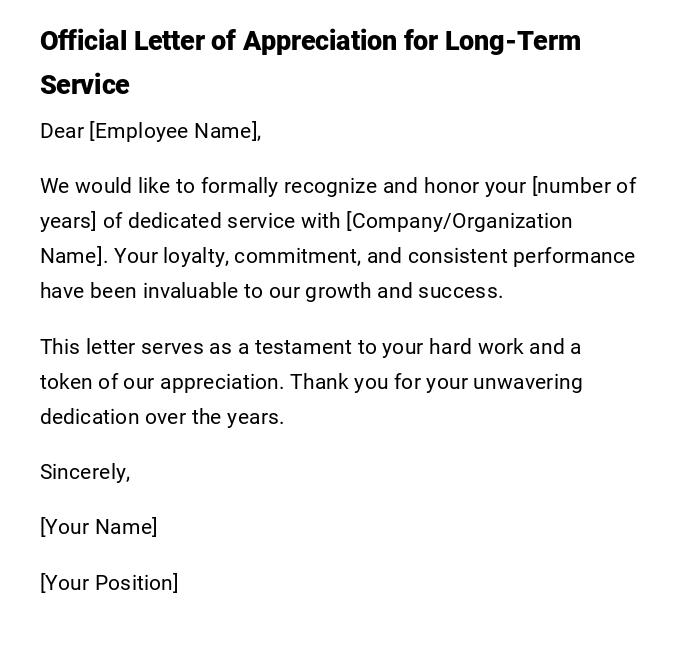 Official Letter of Appreciation for Long-Term Service