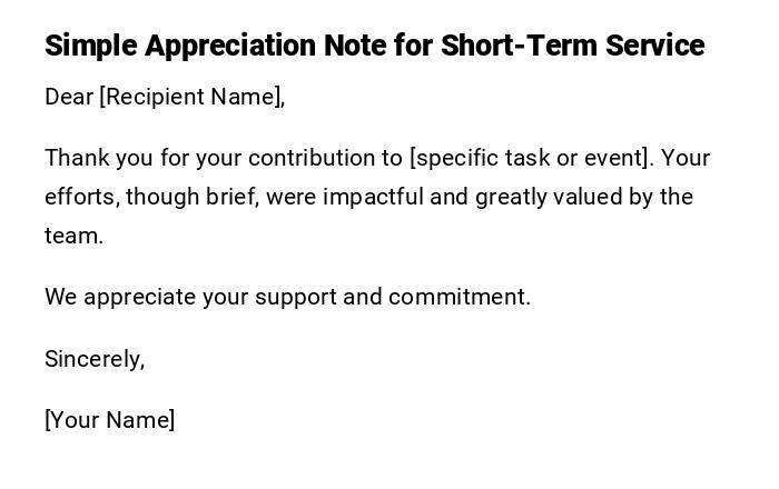 Simple Appreciation Note for Short-Term Service