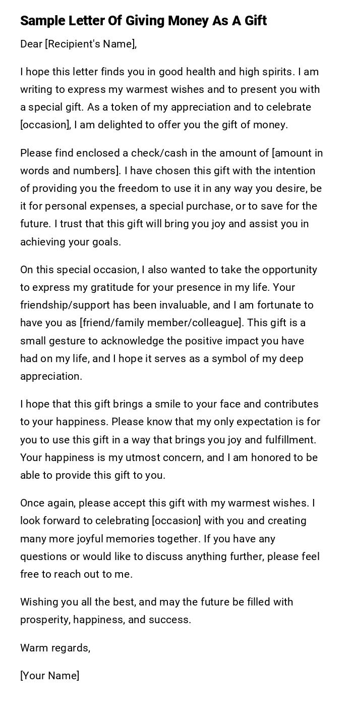 Sample Letter Of Giving Money As A Gift