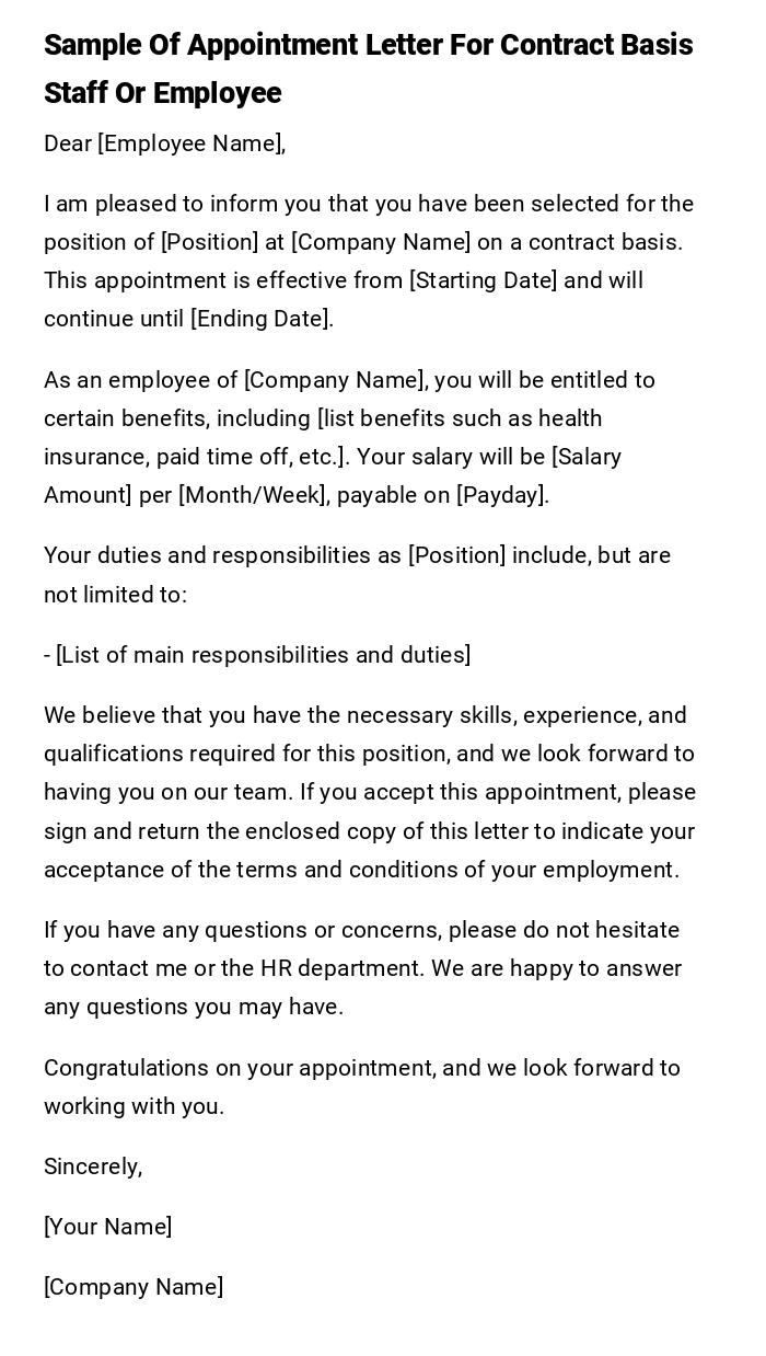 Sample Of Appointment Letter For Contract Basis Staff Or Employee Sample Of Appointment Letter For Contract Basis Staff Or Employee