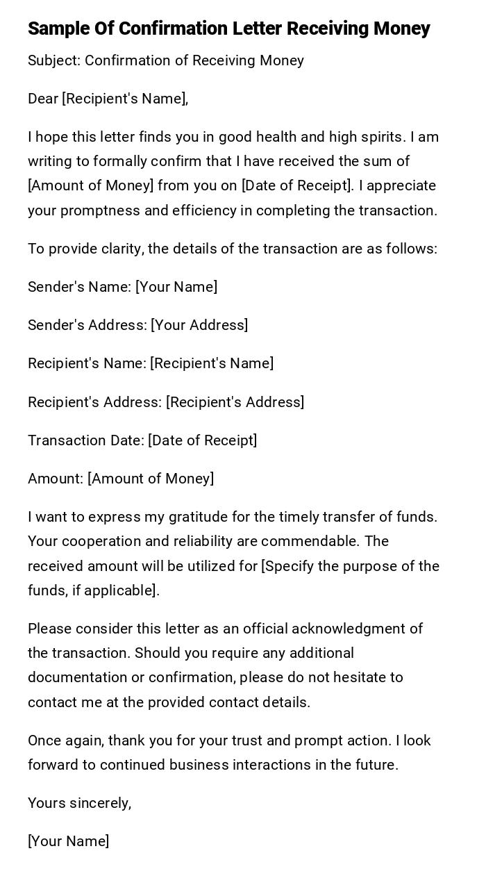 Sample Of Confirmation Letter Receiving Money