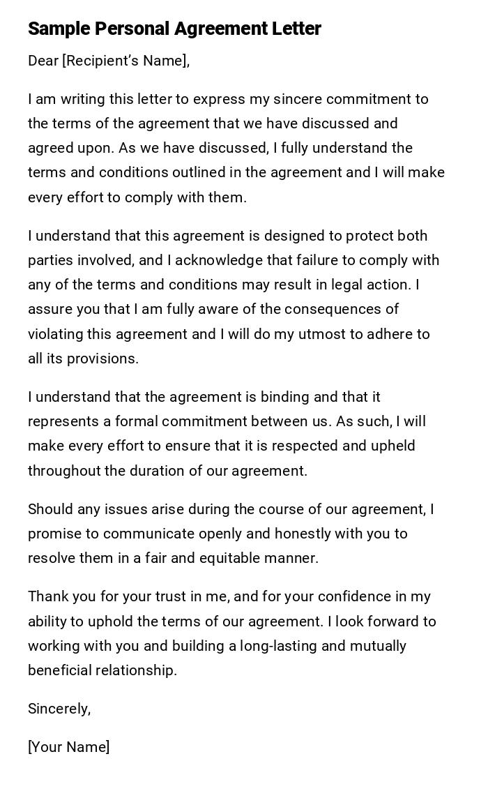 Sample Personal Agreement Letter Sample Personal Agreement Letter