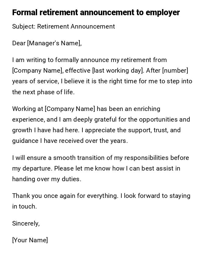 Formal retirement announcement to employer