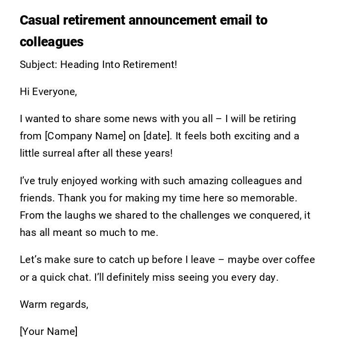 Casual retirement announcement email to colleagues