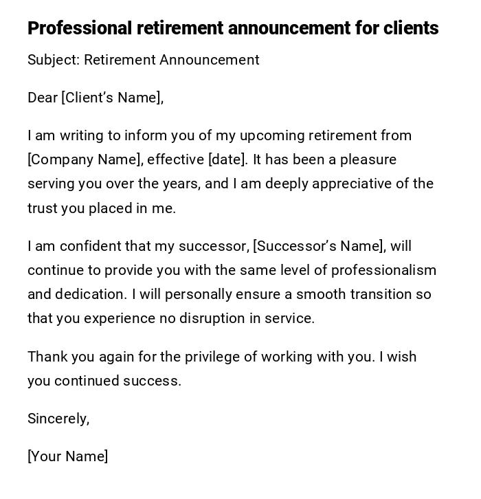 Professional retirement announcement for clients