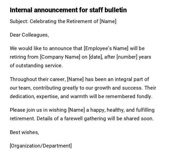 Internal announcement for staff bulletin