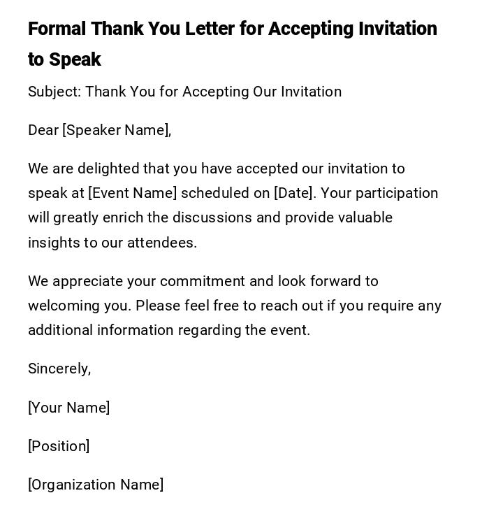 Formal Thank You Letter for Accepting Invitation to Speak