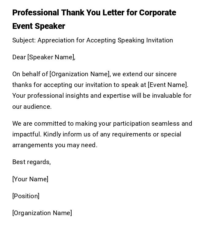 Professional Thank You Letter for Corporate Event Speaker