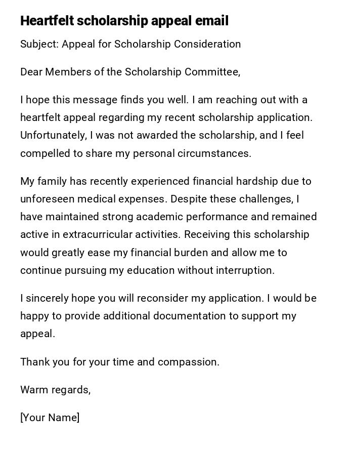 Heartfelt scholarship appeal email