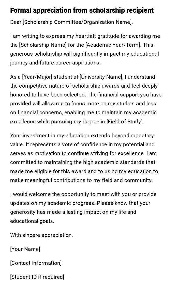Formal appreciation from scholarship recipient