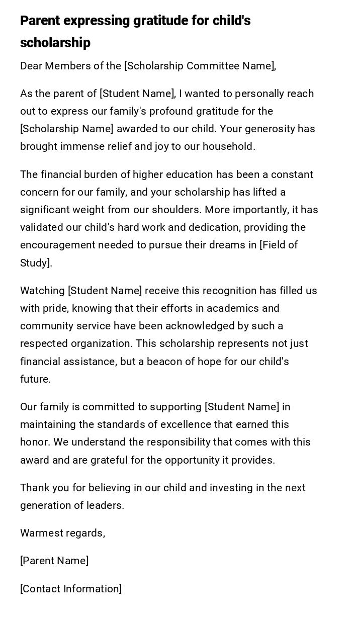Parent expressing gratitude for child's scholarship