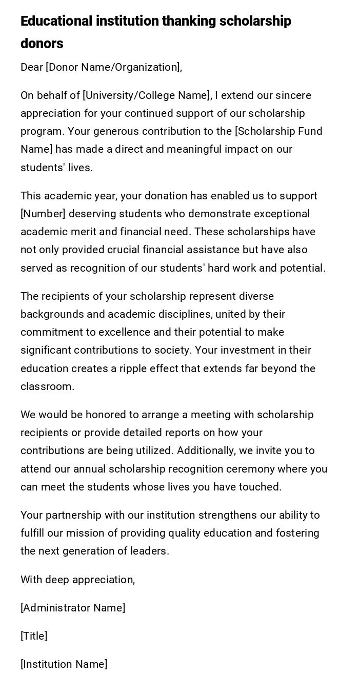 Educational institution thanking scholarship donors
