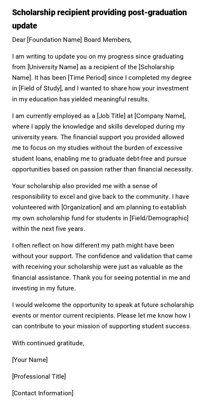 Scholarship recipient providing post-graduation update