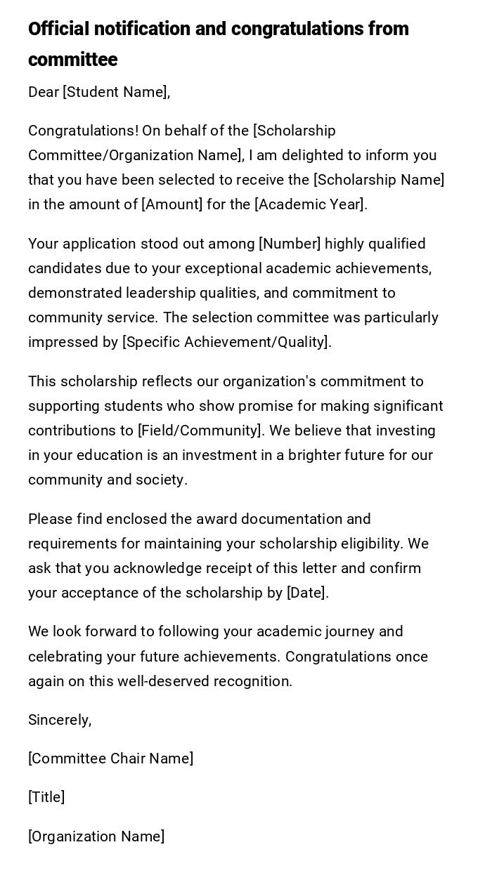 Official notification and congratulations from committee