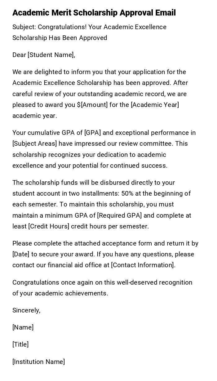 Academic Merit Scholarship Approval Email