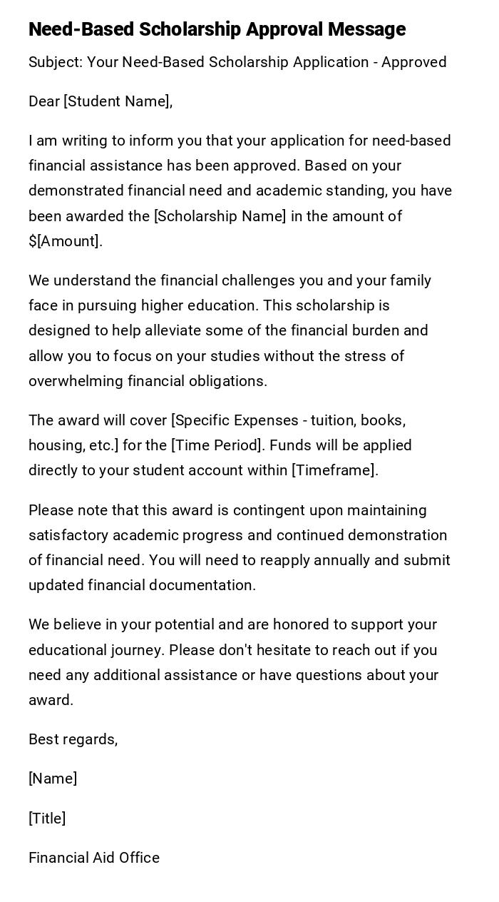 Need-Based Scholarship Approval Message