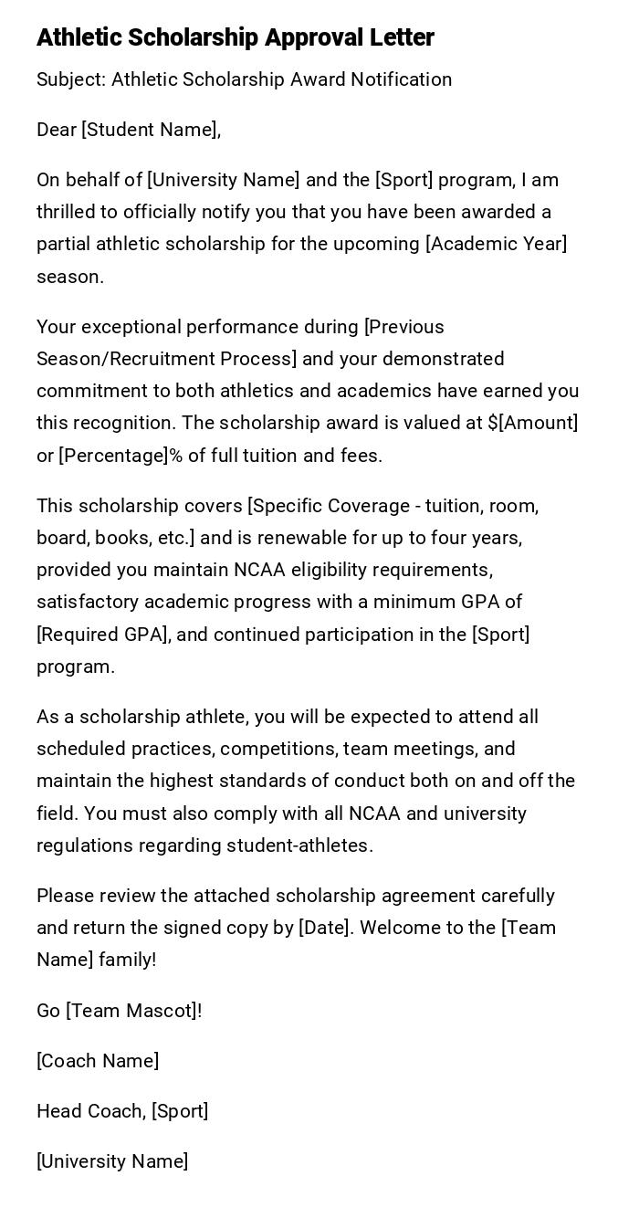 Athletic Scholarship Approval Letter