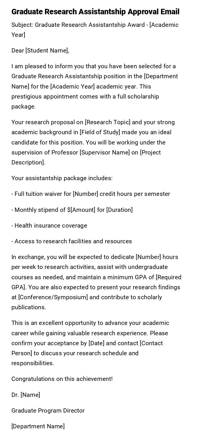 Graduate Research Assistantship Approval Email