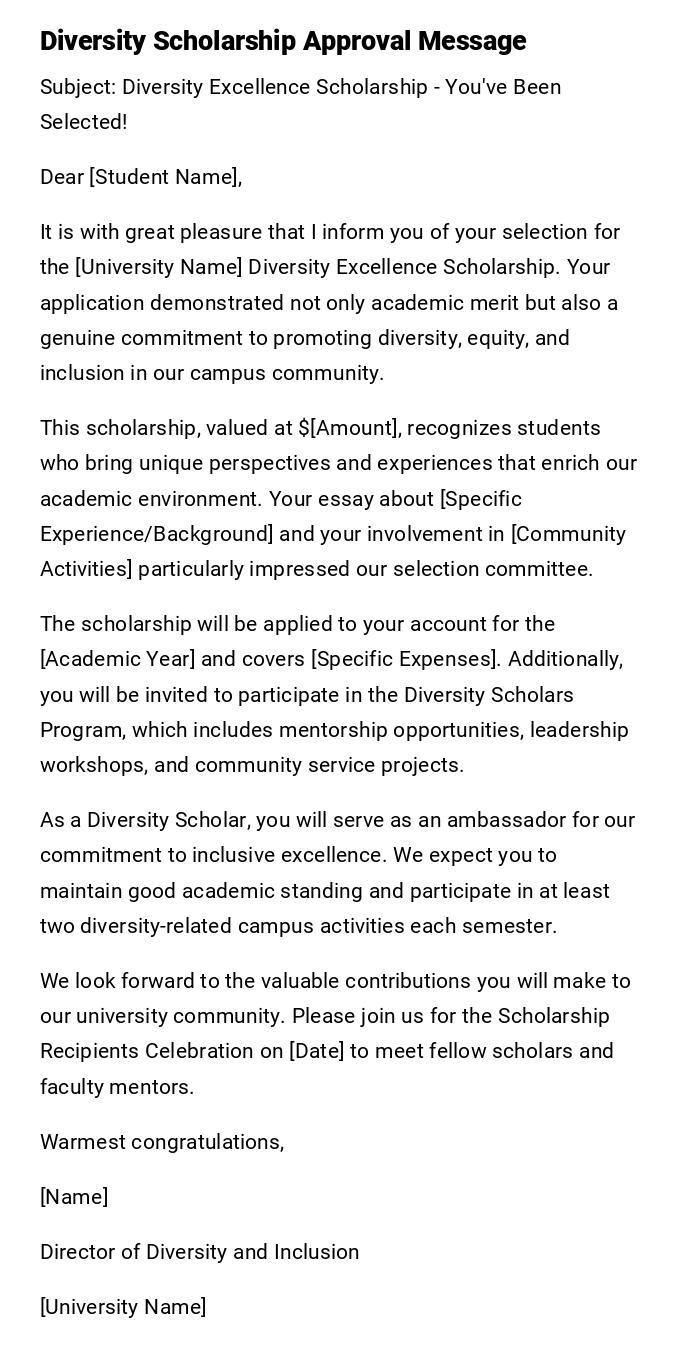 Diversity Scholarship Approval Message