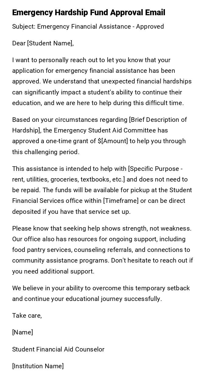 Emergency Hardship Fund Approval Email