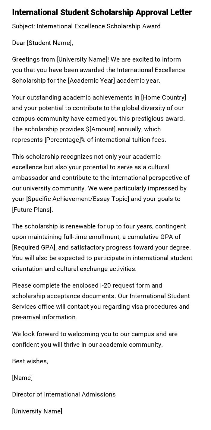 International Student Scholarship Approval Letter