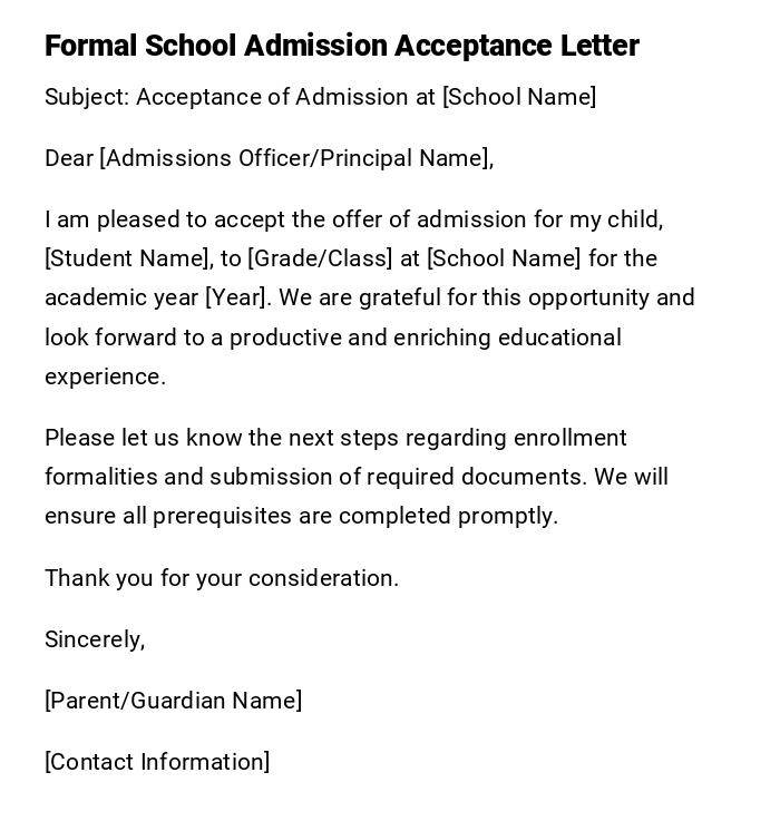 Formal School Admission Acceptance Letter