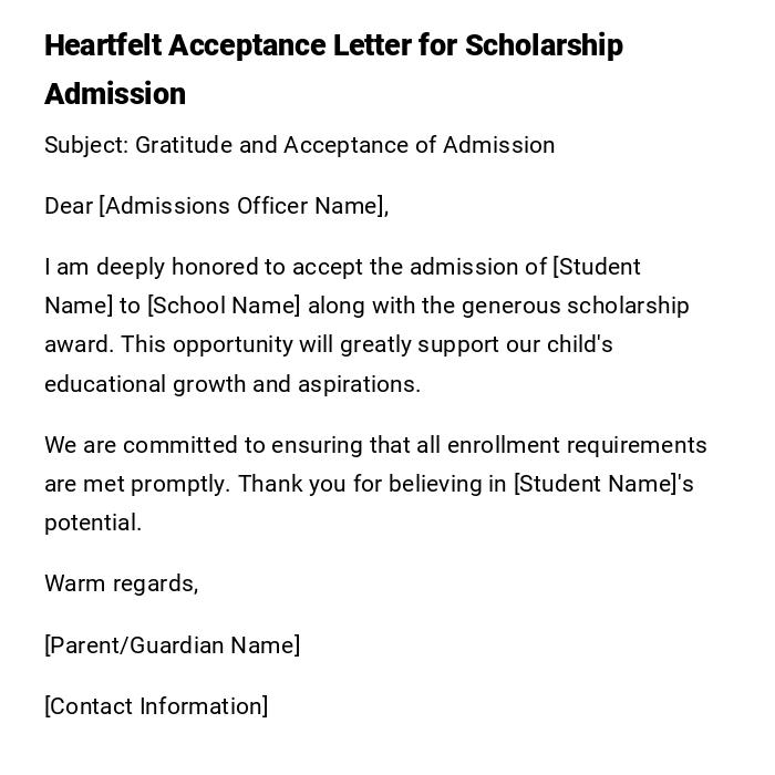Heartfelt Acceptance Letter for Scholarship Admission