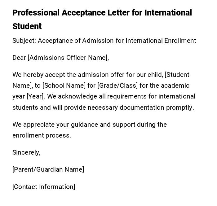 Professional Acceptance Letter for International Student