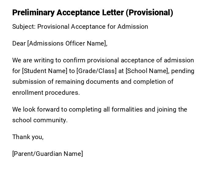 Preliminary Acceptance Letter (Provisional)