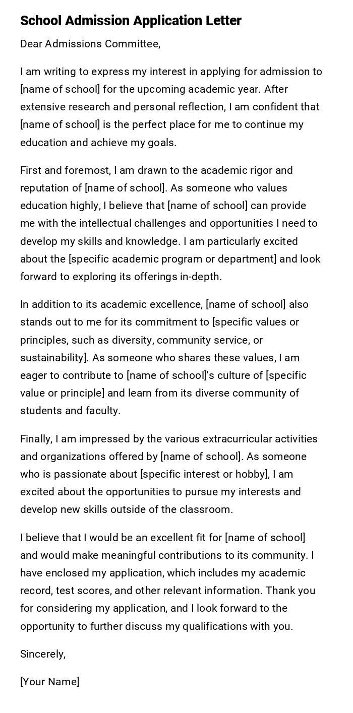 School Admission Application Letter School Admission Application Letter