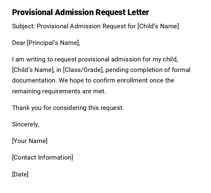 Provisional Admission Request Letter Provisional Admission Request Letter