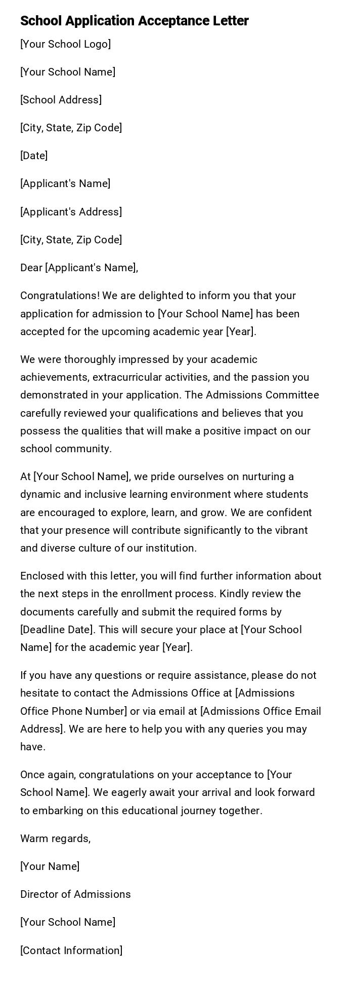 School Application Acceptance Letter