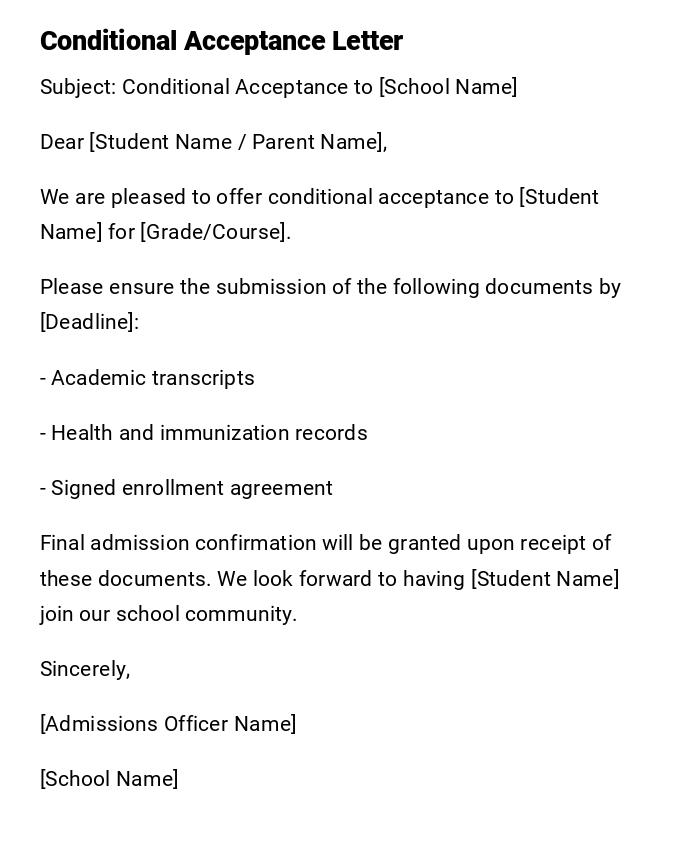 Conditional Acceptance Letter