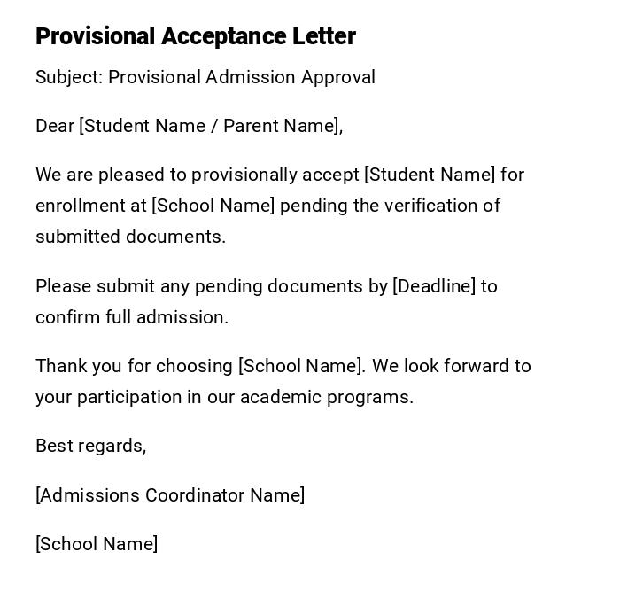 Provisional Acceptance Letter