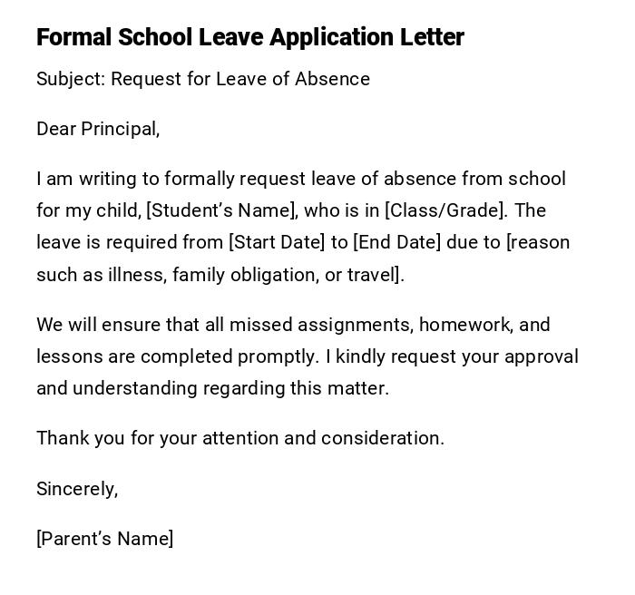 Formal School Leave Application Letter