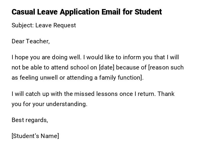 Casual Leave Application Email for Student