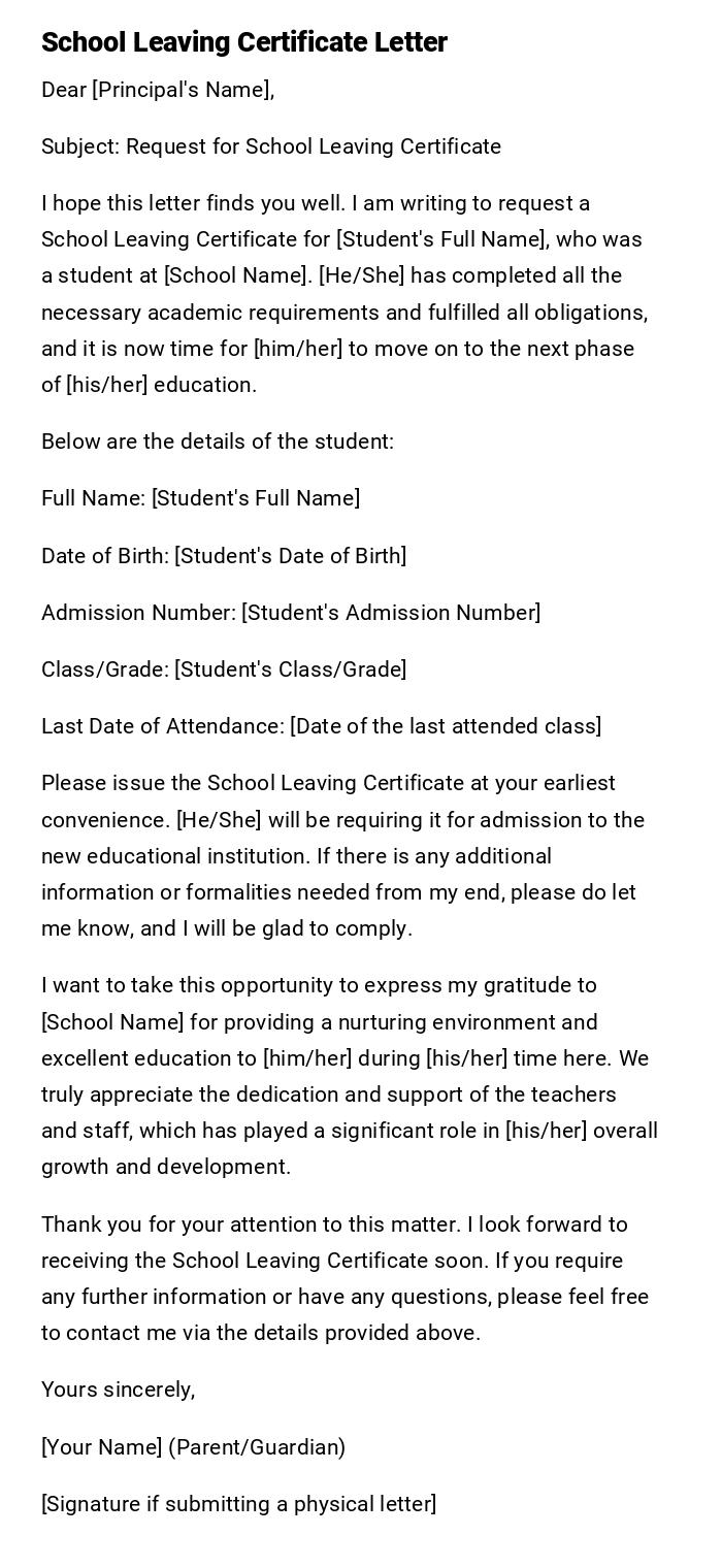School Leaving Certificate Letter School Leaving Certificate Letter