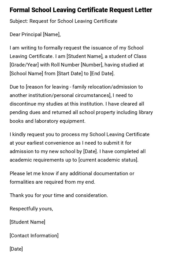 Formal School Leaving Certificate Request Letter Formal School Leaving Certificate Request Letter