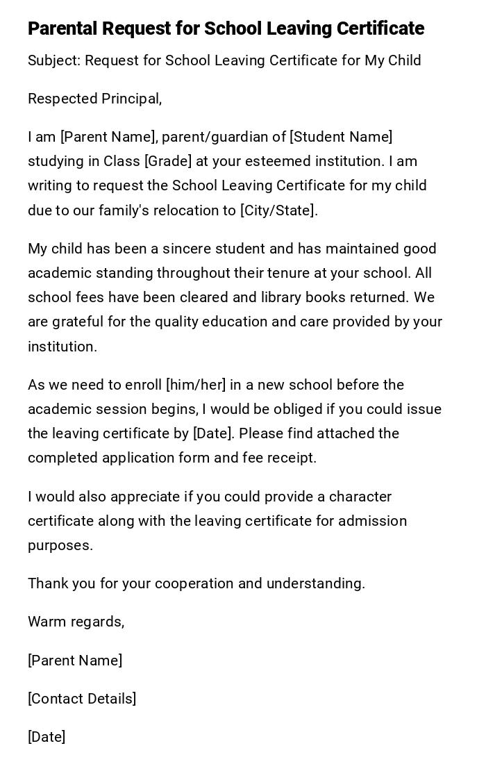 Parental Request for School Leaving Certificate Parental Request for School Leaving Certificate
