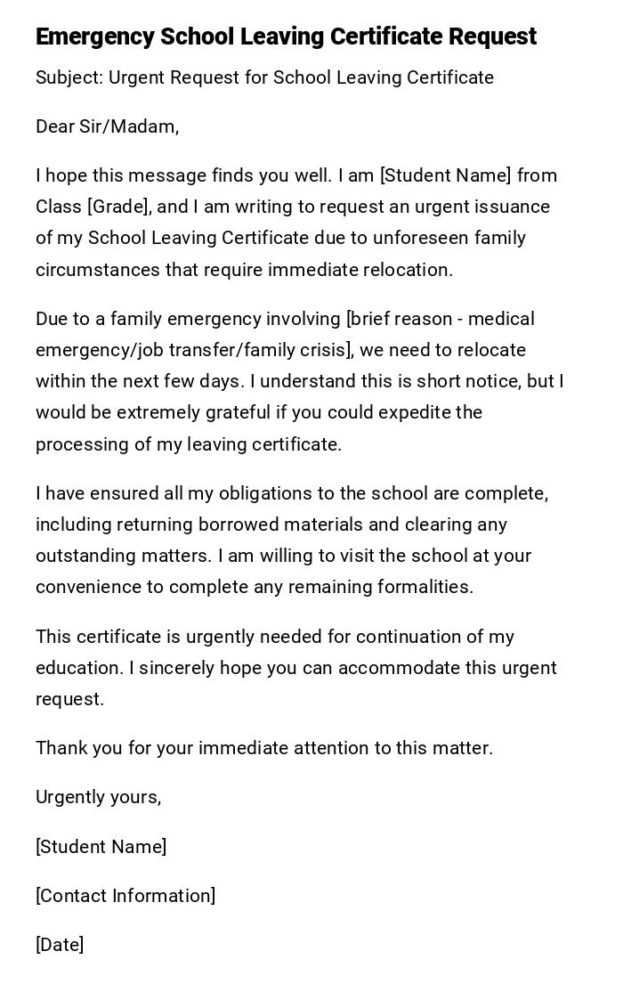 Emergency School Leaving Certificate Request Emergency School Leaving Certificate Request