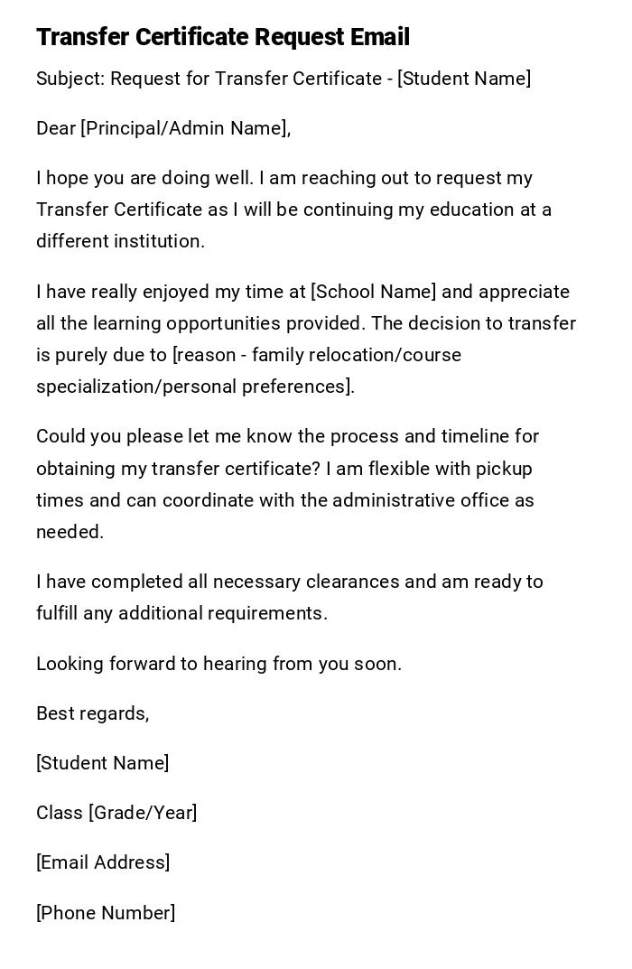 Transfer Certificate Request Email Transfer Certificate Request Email