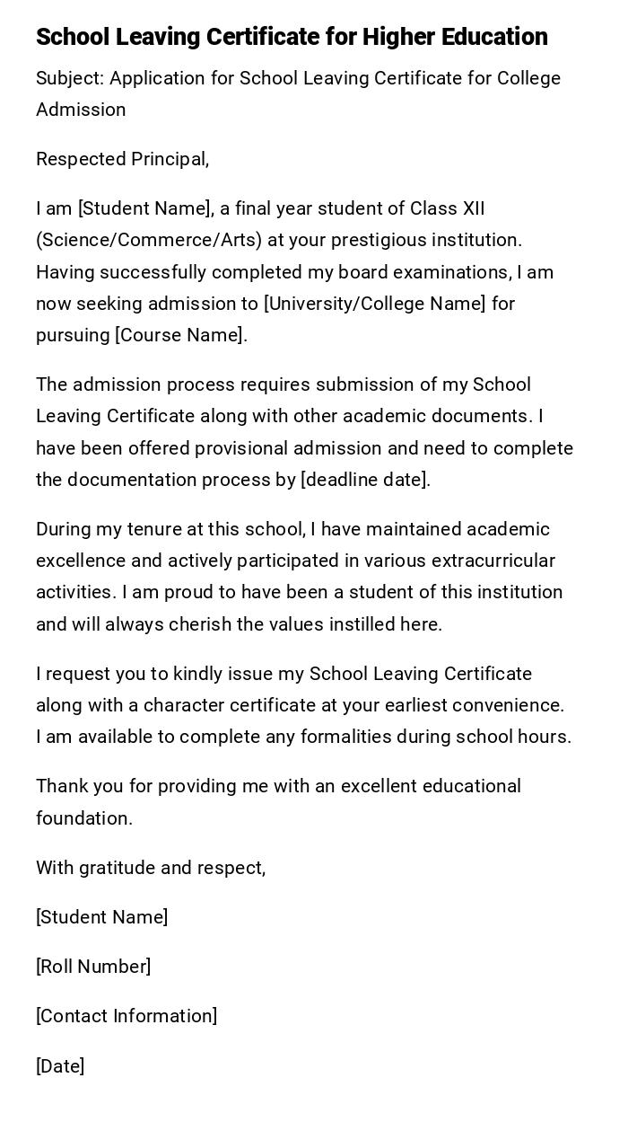 School Leaving Certificate for Higher Education School Leaving Certificate for Higher Education