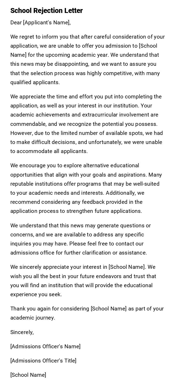 School Rejection Letter School Rejection Letter
