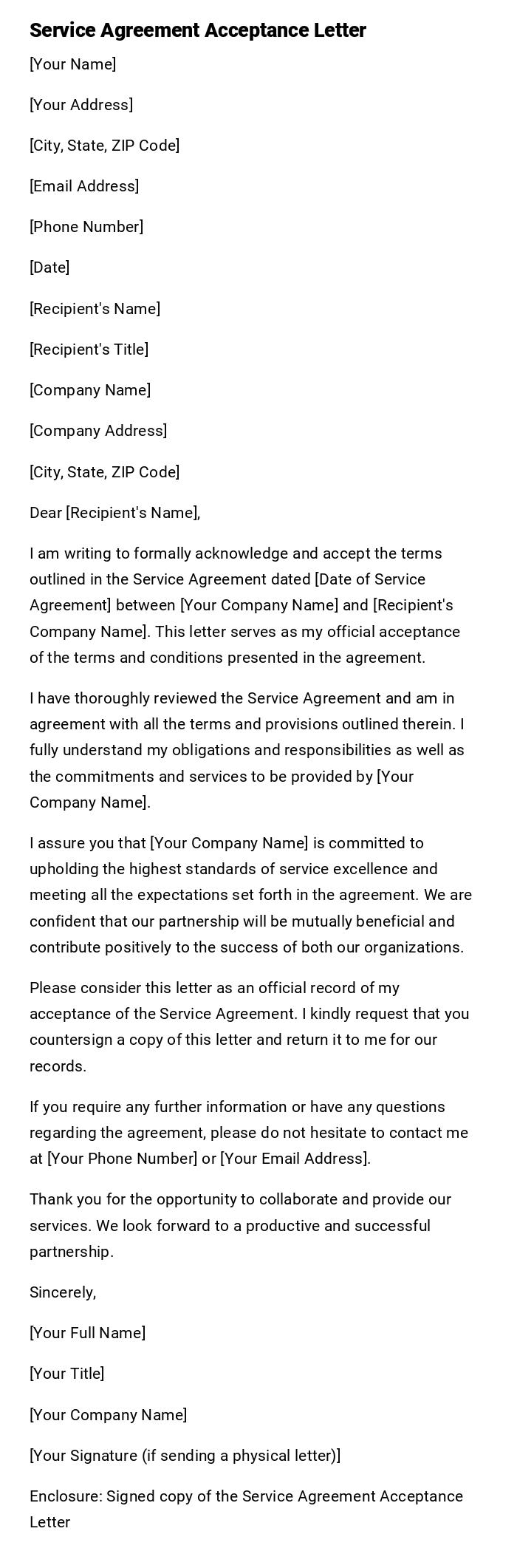 Service Agreement Acceptance Letter Service Agreement Acceptance Letter