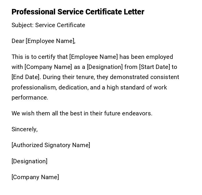 Professional Service Certificate Letter