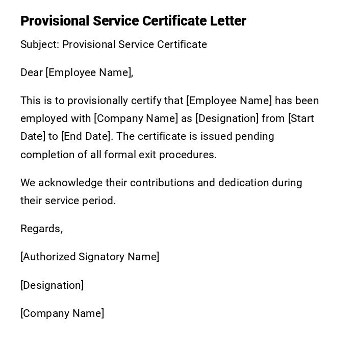 Provisional Service Certificate Letter
