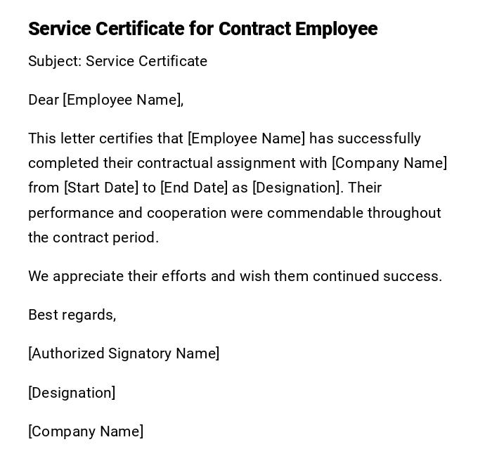 Service Certificate for Contract Employee