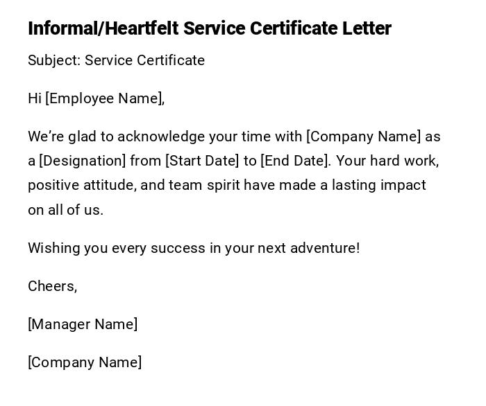 Informal/Heartfelt Service Certificate Letter