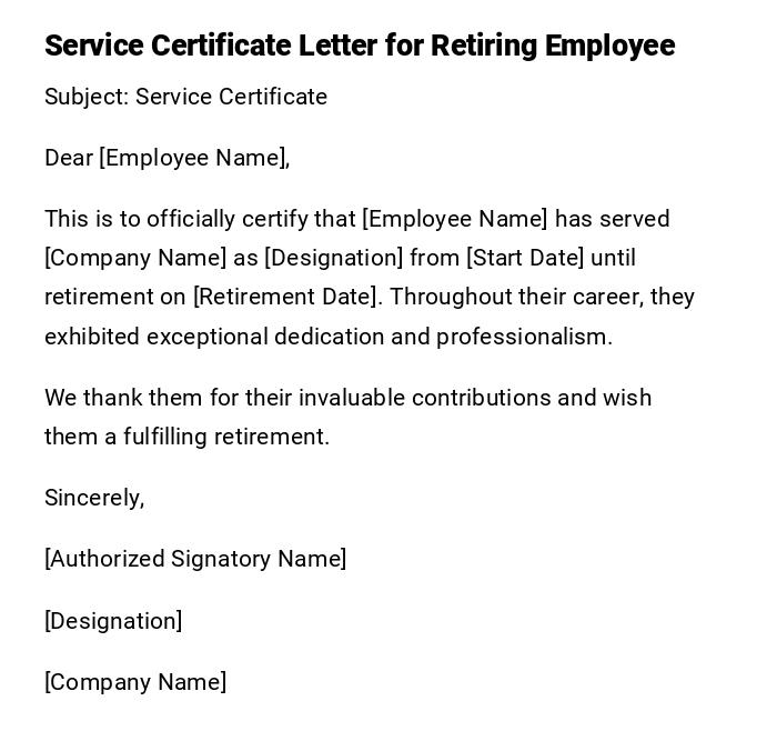 Service Certificate Letter for Retiring Employee